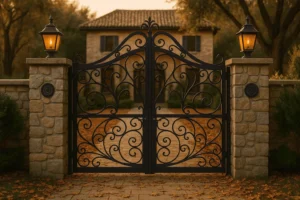 Trabajo d herrero profesional, puerta de hierro forjado a medida, para exterior.